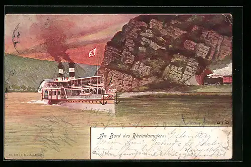 Künstler-AK Rheindampfer passiert die Loreley