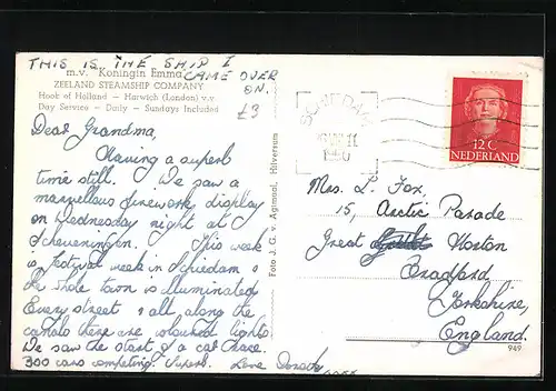 AK Passagierschiff MV Koningin Emma, Zeeland Steamship Company