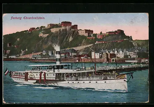 AK Coblenz, Festung Ehrenbreitstein mit Flusspartie und Dampfer Undine