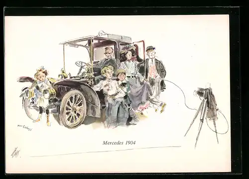 Künstler-AK Mercedes 1904, Familie fotografiert sich am Auto mit Fernauslöser