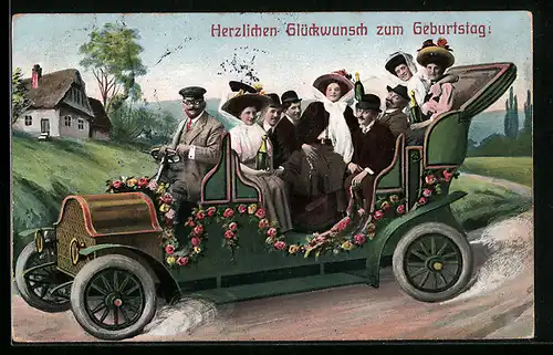 AK Fröhliche Gesellschaft mit Weinflaschen im Auto auf der Landstrasse - Geburtstagskarte