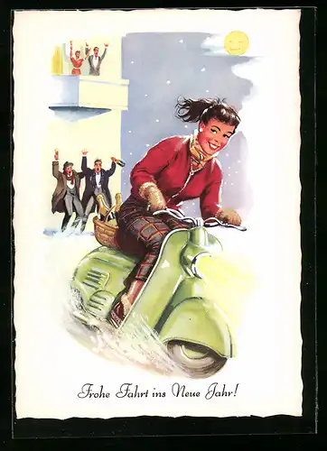 Künstler-AK Neujahrsgrüsse einer jungen Dame auf einem Motorroller