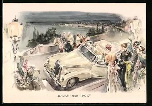Künstler-AK Reklame für Auto Mercedes Benz 300 S, Reiter zu Pferde