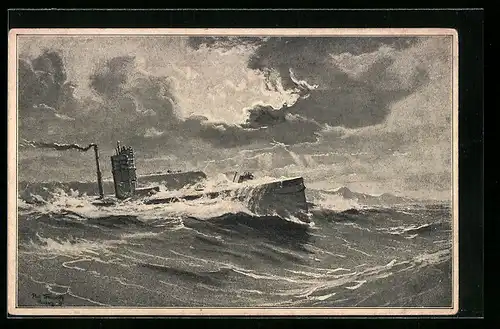 Künstler-AK U-Boot in stürmischer See