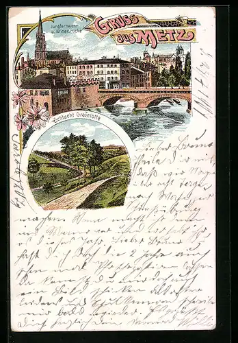 Lithographie Metz, Jungfernwehr u. Mittelbrücke, Schlucht Gravelotte