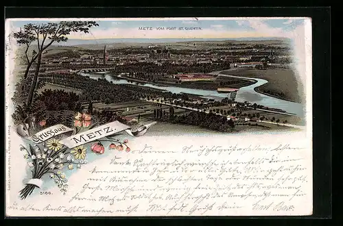 Lithographie Metz, Ortsansicht vom Fort St. Quentin