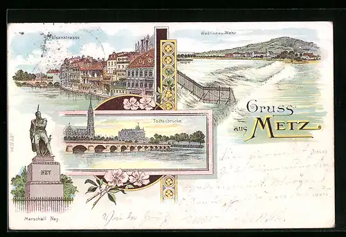 Lithographie Metz, Felsenstrasse, Wadrineau-Wehr, Todtenbrücke