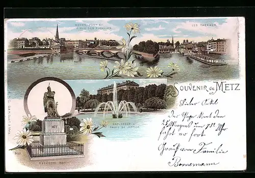 Lithographie Metz, Moyen-Pont et Digue des Pucelles, Les Thermes