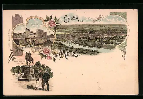 Lithographie Metz, Kaiser Wilhelm-Denkmal, Deutsches Thor