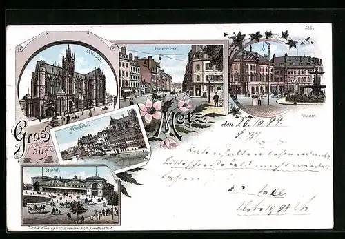 Lithographie Metz, Bahnhof, Felsenbrücke, Cathedrale, Römerstrasse