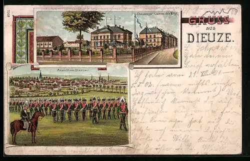 Lithographie Dieuze, Chevauleger-Kaserne des III. Rgt., Ortsansicht mit Soldaten