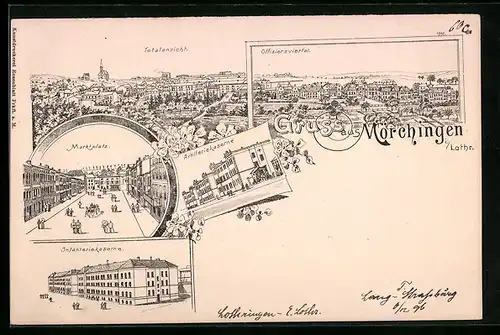 Lithographie Mörchingen i. Lothr., Marktplatz, Artilleriekaserne, Offiziersviertel
