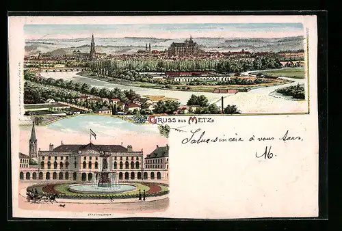 Lithographie Metz, Stadttheater, Ortsansicht