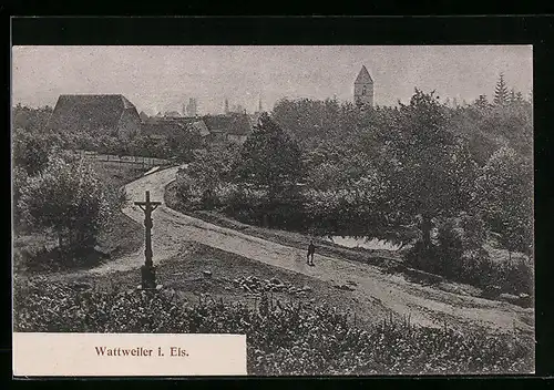 AK Wattweiler i. Els., Weg zum Ort mit Flurkreuz
