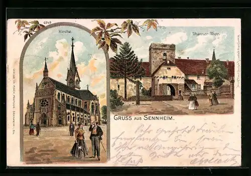 Lithographie Sennheim, Kirche, Thanner Tor
