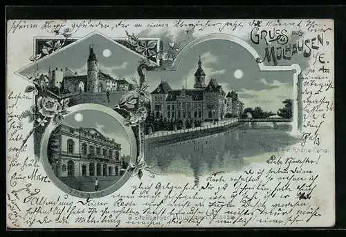 Mondschein-Lithographie Mülhausen, Neue Post mit Rhein-Rhône-Canal, Bollwerk, Theater