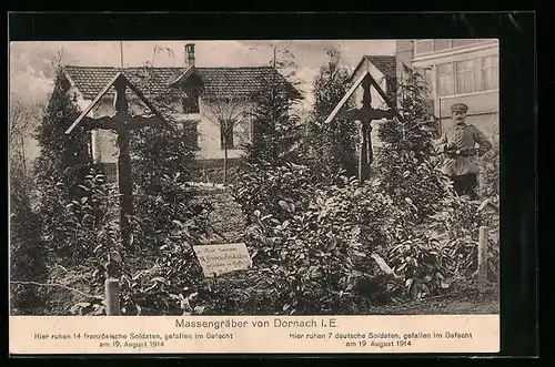 AK Dornach i. E., Massengräber von 14 französischen Soldaten und 7 deutschen Soldaten, gefallen im Gefecht am 19.8.1914