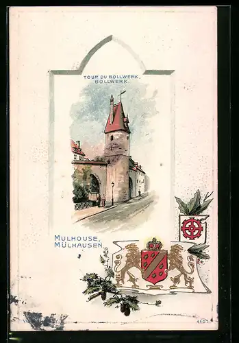 Künstler-Präge-AK Mülhausen, Blick auf Bollwerk, Wappen