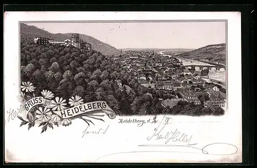 Vorläufer-Lithographie Heidelberg, 1893, Teilansicht mit Festung