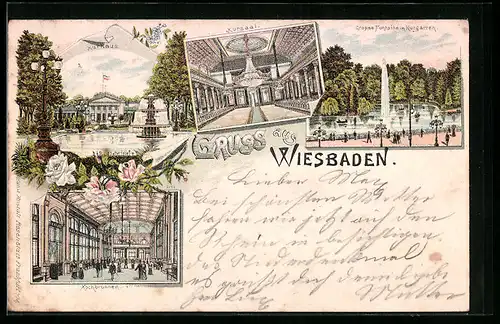 Vorläufer-Lithographie Wiesbaden, 1895, Kuhaus, Inneres Kusaal, Kochbrunnen