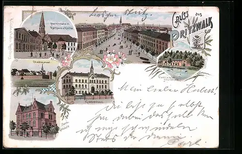 Lithographie Pritzwalk, Bank-Gebäude, Krankenhaus, Marktplatz mit Rathaus und Kirche