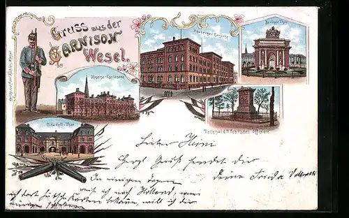 Lithographie Wesel, Kaserne-Esplanade, Citadell-Tor, Soldat der Garnison Wesel