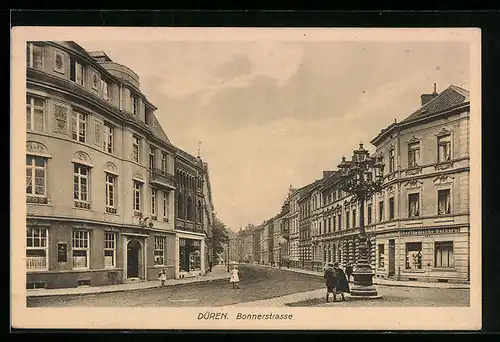 AK Düren, Bonnerstrasse mit Bäckerei