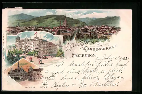 Lithographie Freiburg i. B., Hotel Sommer zum Zähringerhof, Rathaus, Teilansicht