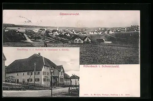 AK Rötenbach i. Schwarzwald, Handlung von J. Schile und Gasthaus zum Rössle, Gesamtansicht