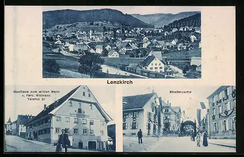 AK Lenzkirch, Gasthaus zum wilden Mann, Strassenpartie, Teilansicht