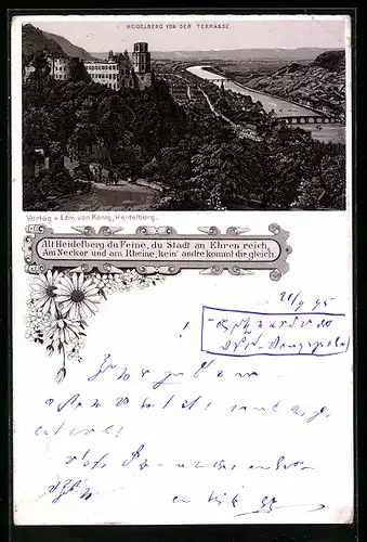 Vorläufer-Lithographie Heidelberg, 1895, Teilansicht mit Burg von der Terrasse