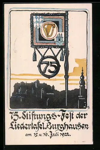 Künstler-AK Burghausen, Festpostkarte 75. Stiftungs-Fest der Liedertafel Burghausen 1922, Ortspartie mit Fahne