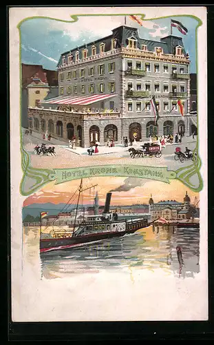 Lithographie Konstanz, Hotel & Restaurant Krone, Uferpartie mit Dampfer