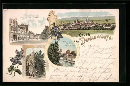 Lithographie Donauwörth, Färberthürl mit Heilgi Kreuz-Kirche, Reichstrasse, Mangoldstein