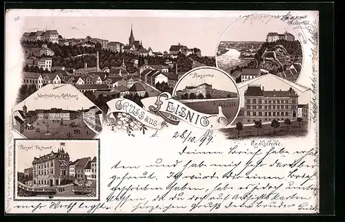 Lithographie Leisnig, Kaiserliches Postamt, Kaserne, Realschule