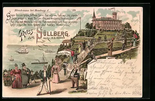 Lithographie Blankenese bei Hamburg, Hotel auf dem Süllberg