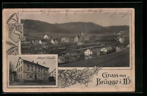 AK Brügge i. W., Hotel Tasche, Ortspartie mit Kirche