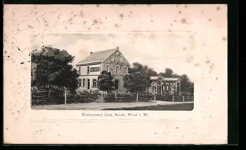Präge-AK Soest i. W., Restaurant Jost, Passepartout