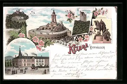 Lithographie Kelbra a. Kyffhäuser, Hôtel Kaiserhof, Rothenburg, Kaiser-Denkmal, Reiterstandbild