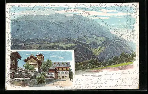 Lithographie Bad Schandau, Ortspartie mit Hotel Winterberg