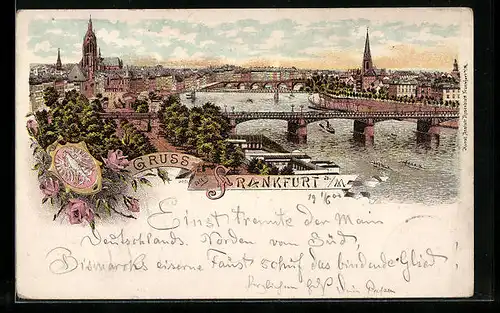 Lithographie Frankfurt a./M., Ortsansicht mit Brücke