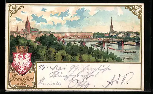 Künstler-AK Frankfurt a. M., Ortsansicht mit Brücke, Wappen