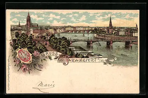 Lithographie Frankfurt a./M., Ortsansicht mit Booten im Wasser