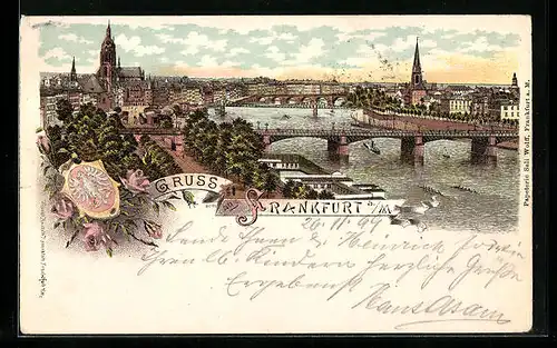 Lithographie Frankfurt a./M., Ortsansicht mit Brücke und Booten