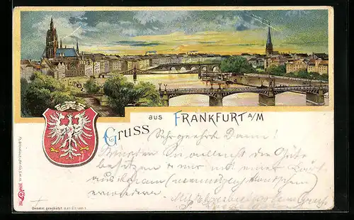 Lithographie Frankfurt a./M., Ortsansicht mit Gewässer