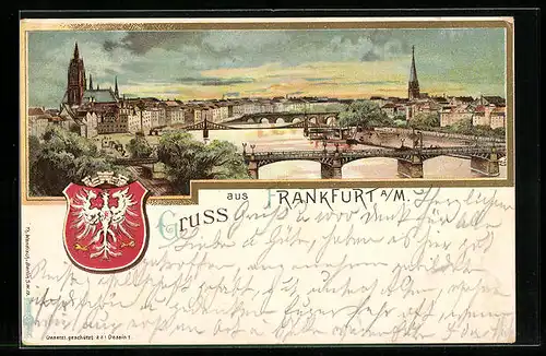 Lithographie Frankfurt a./M., Ortsansicht mit Brücke, Wappen