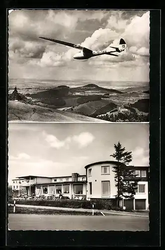 AK Wasserkuppe /Rhön, Gasthof und Hotel Peterchens Mondfahrt, Panorama mit Flugzeug