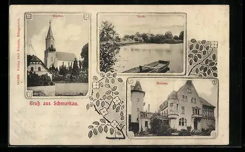 AK Schmorkau, Schloss, Teich, Kirche