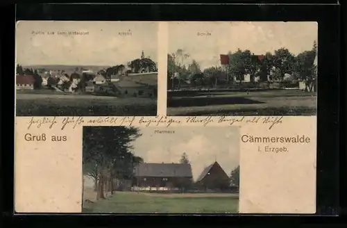 AK Cämmerswalde i. Erzgeb., Partie aus dem Mitteldorf mit Kirche, Schule, Pfarrhaus