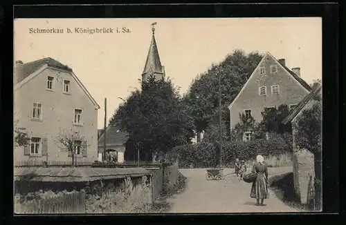 AK Schmorkau i. Sa., Strassenpartie mit Blick zur Kirche